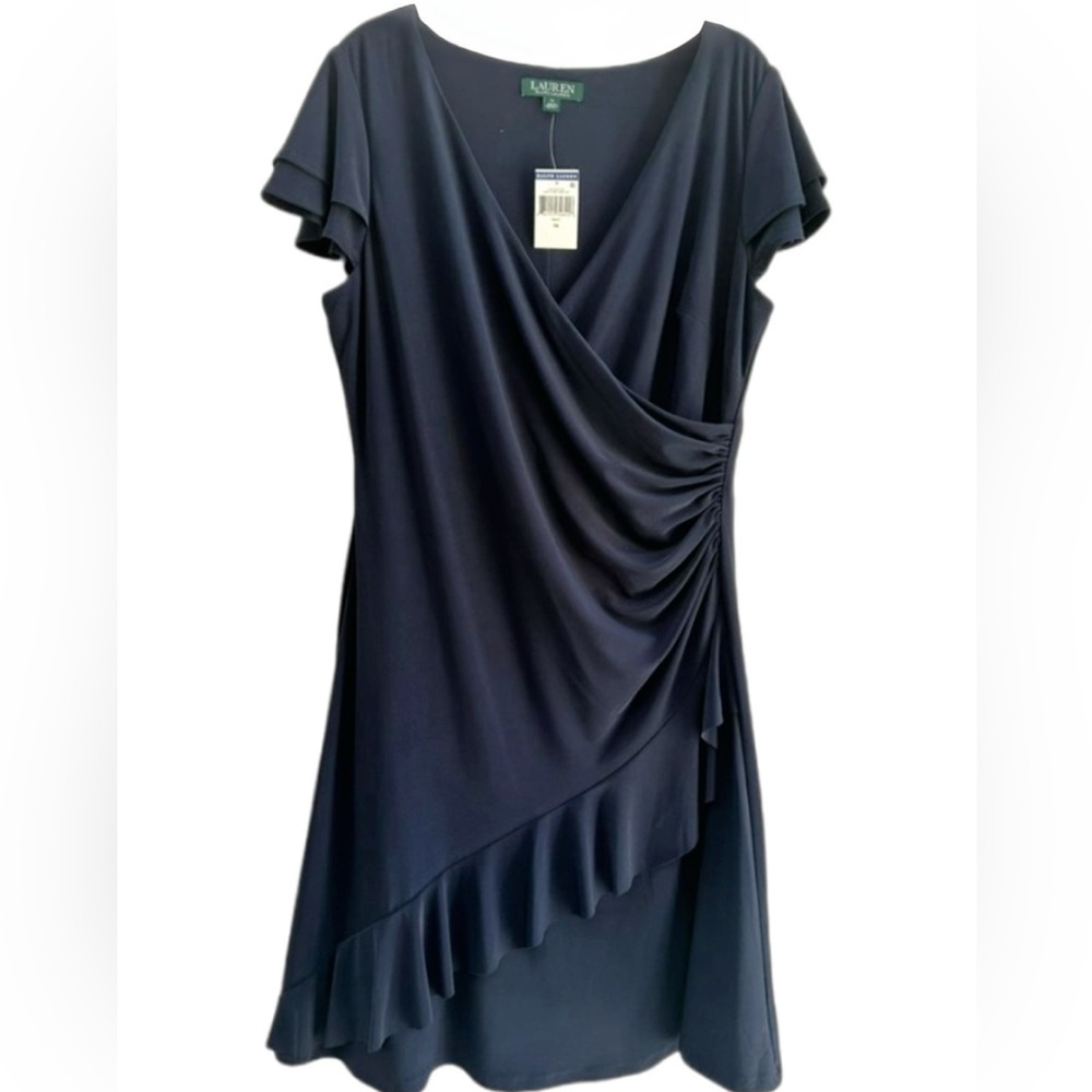 Lauren Ralph Lauren Navy Faux Wrap Ruffle Jersey Dress 14 NW